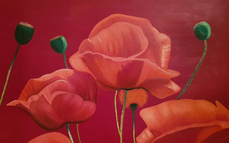 Handgemaltes Mohnblumen-Gemälde in kräftigem Rot, gestaltet bei Remuna Bestattungen in Halle (Saale).