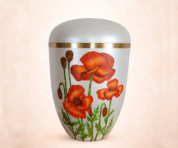 Handbemalte Urne mit Mohnblumenmotiv 2 – Remuna Bestattungen Halle (Saale)